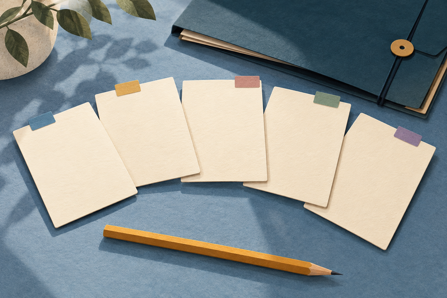 Five blank paper cards arranged beside a closed folder and pencil on a soft blue surface.