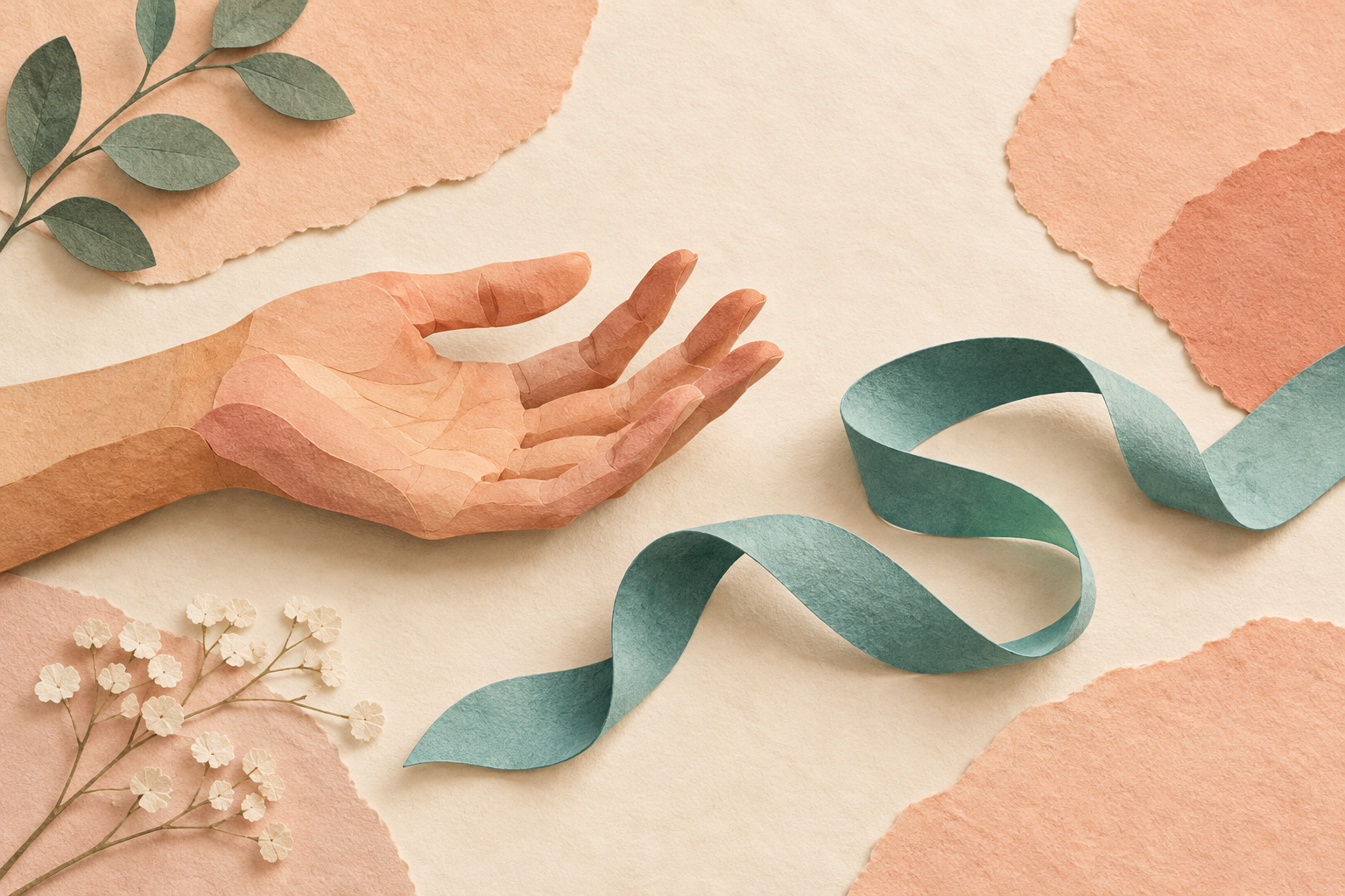 An open hand beside a loosely coiled ribbon on a warm-toned desk, an illustration of letting go.
