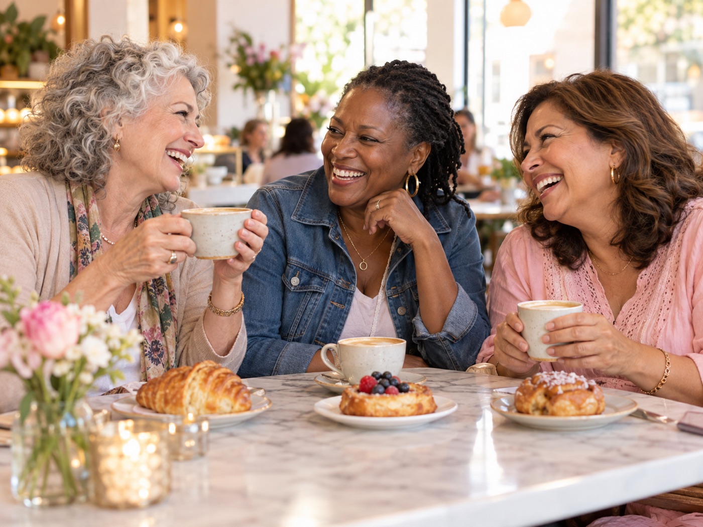 Three friends laughing over coffee